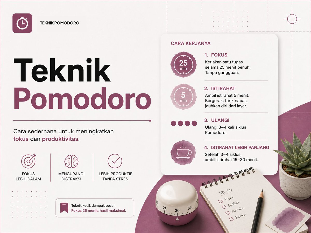 eLAmaravati's tweet photo. Menggunakan teknik Pomodoro agar lebih produktip, eh, produktif. 

Ekspektasi:
25 menit fokus kerja → 5 menit istirahat.

Realita:
5 menit kerja → 25 menit scrolling Twitter. 😭

---

Tapi serius, deh, kalau kita benar-benar disiplin, teknik  ini bisa jadi penyelamat banget.

Saya akhirnya bisa mengerjakan tugas yang sudah tertunda selama nyaris 3 minggu cuma dalam 4 sesi Pomodoro. Deadline? Kejar!  

Begini caranya: 👇