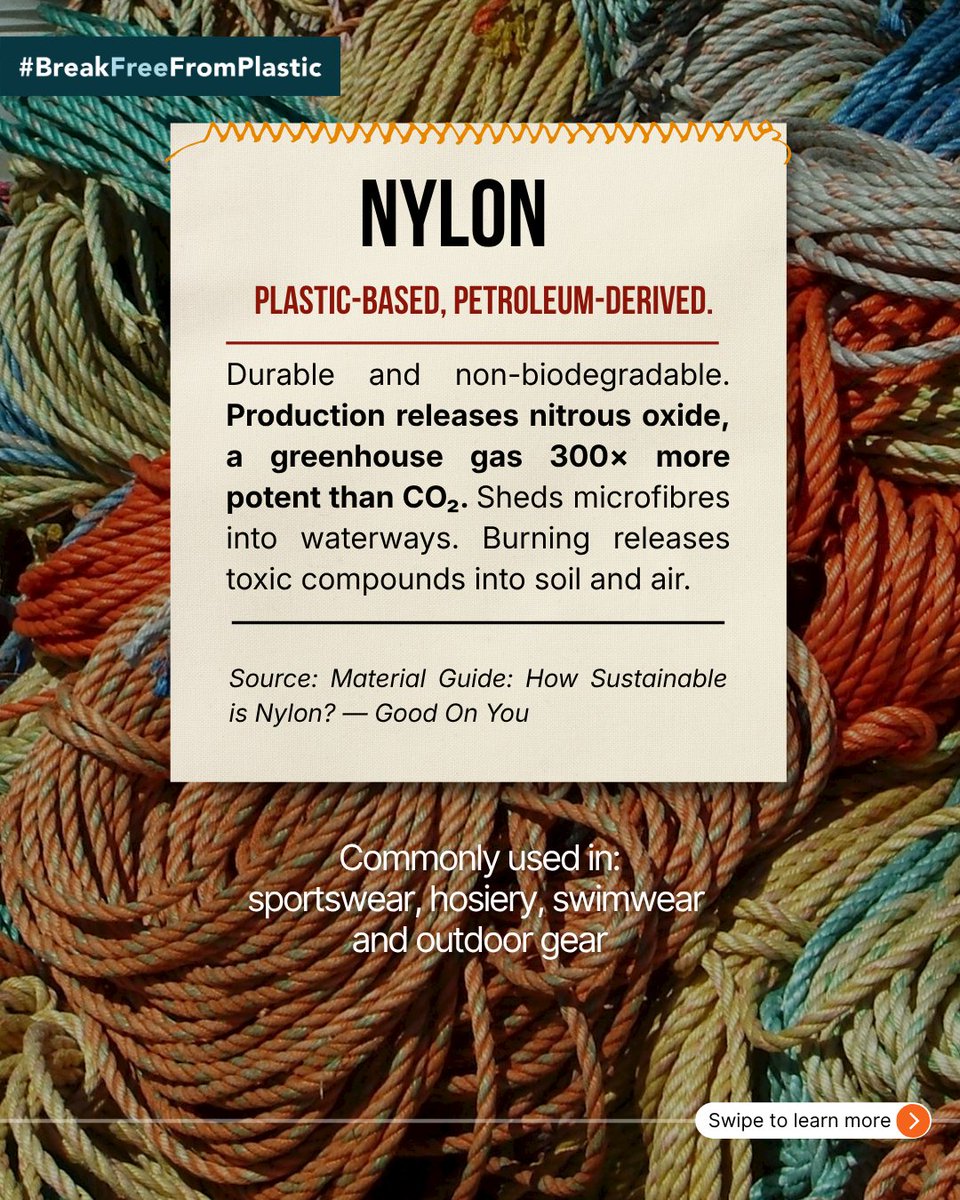 brkfreeplastic's tweet photo. Synthetic fibres have severe environmental impacts across their lifecycle.

Here’s what’s missing from fast fashion clothing labels:

[2/3] https://t.co/ca45blW1U8