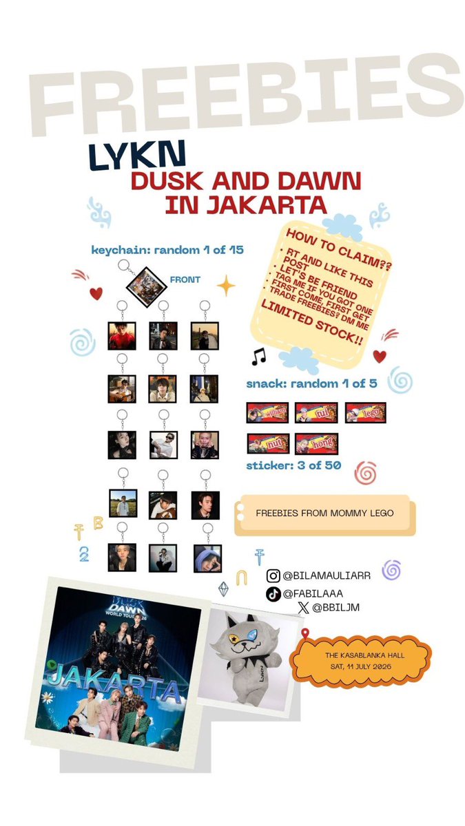 bbiljm's tweet photo. ✨LYKN Dusk &amp; Dawn in Jakarta Freebies by @bbiljm

📌 The Kasablanka Hall (Kokas)
📅 11 July 2026, TBA

🌟Limited quantity, so don’t miss out 🌟

See you at the venue 🫶✨
#LYKN
#LYKNDuskAndDawnxJakarta https://t.co/ckHZlsqGX3