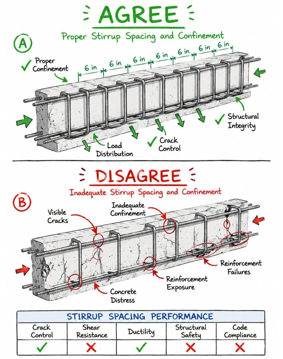 lawal_dahiru's tweet photo. Proper vs Improper Stirrup Spacing in Reinforced Concrete

Correct stirrup spacing provides proper confinement, improves load distribution, controls cracks, and maintains structural integrity. Inadequate spacing can lead to concrete cracking, reinforcement exposure, reduced shear resistance, and possible structural failure.
#StirrupSpacing #ReinforcedConcrete #RCBeam #ConcreteDesign #StructuralEngineering #CivilEngineering #ConstructionTechnology #StructuralSafety #ShearResistance #CrackControl #RebarDetailing #BeamDesign #ConcreteStructure #EngineeringEducation #CivilEngineer