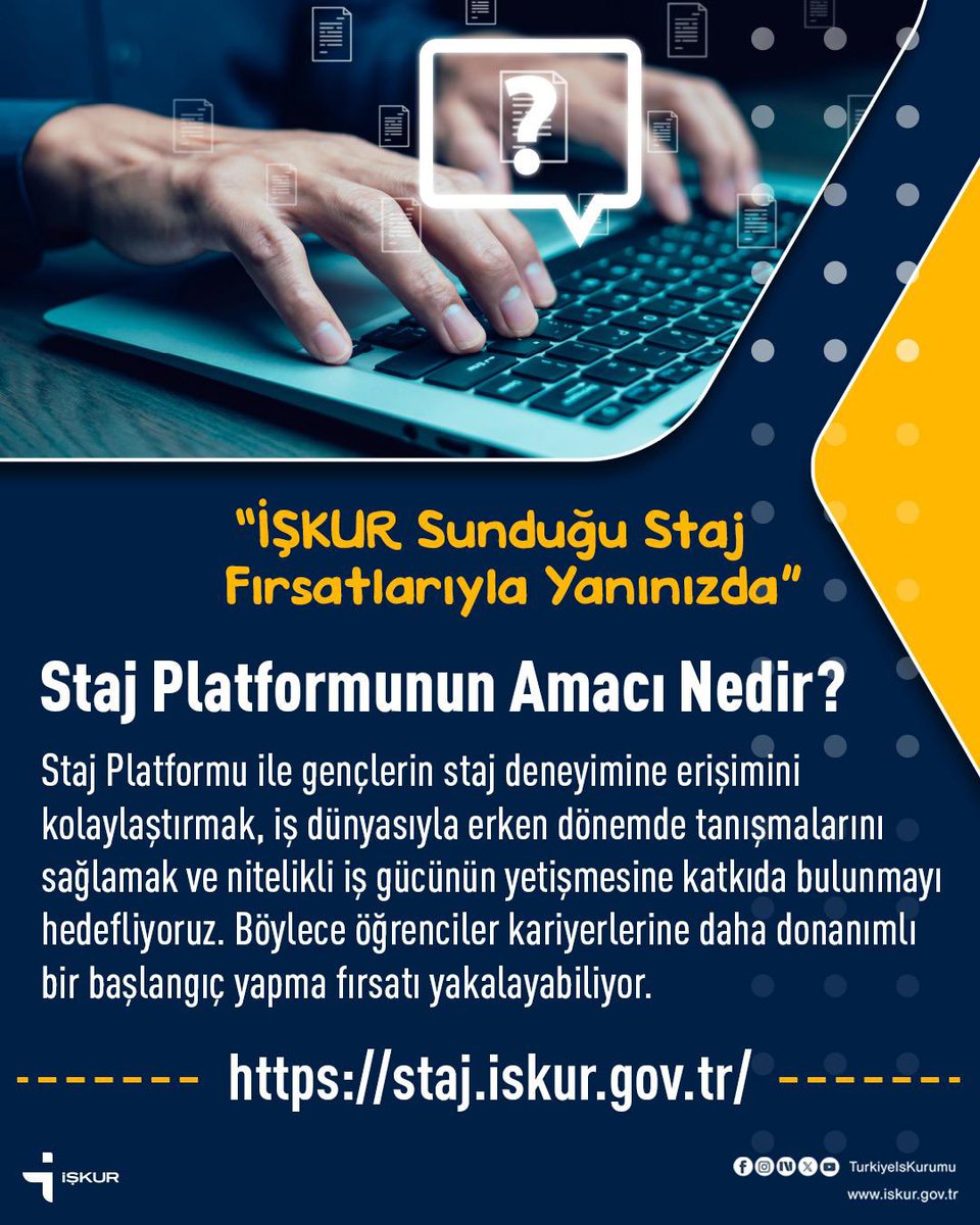 TurkiyeIsKurumu's tweet photo. Tek Platform, Daha Fazla Fırsat❗
💻Staj Platformunun Amacı Nedir?

#Staj
#StajPlatformu
#İŞKURdaİşVar
#KariyerBaşlangıcı https://t.co/iyPHoXobcI