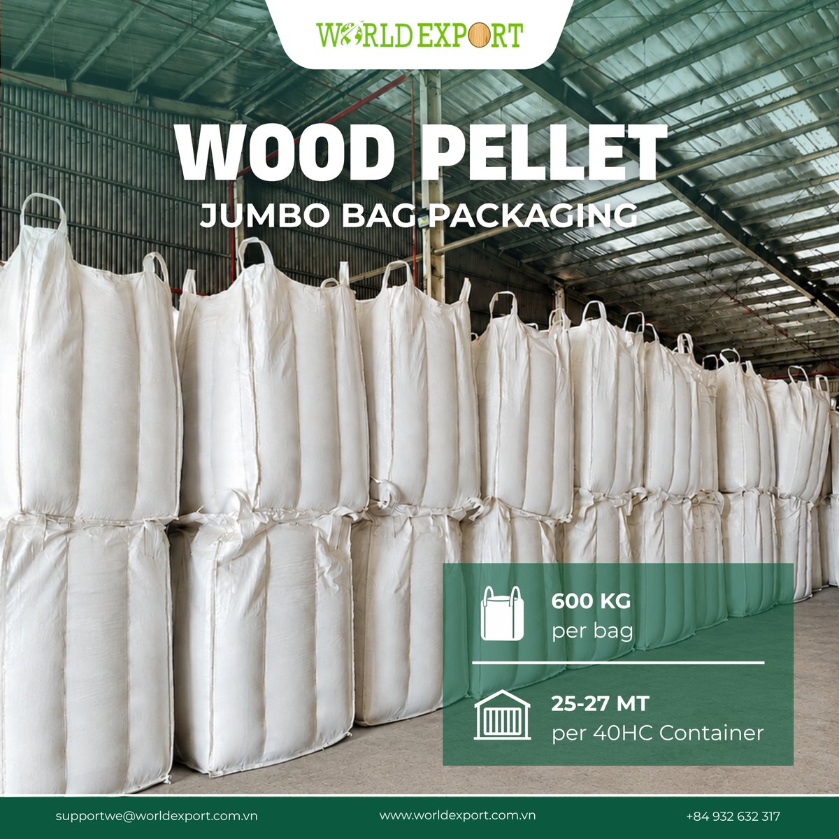 WorldExport_VN's tweet photo. 📦 WOOD PELLET PACKAGING – JUMBO BAG SOLUTION
+600 kg Jumbo Bags (FIBC)
+ Bag Size: 90 × 90 × 100 cm
+ 25–27 MT / 40HC container
Designed for efficient handling, optimized loading, and reliable export logistics.
📩 supportwe@worldexport.com.vn
📞 +84 932 632 317

#WorldExport https://t.co/xFgYdK8mJm