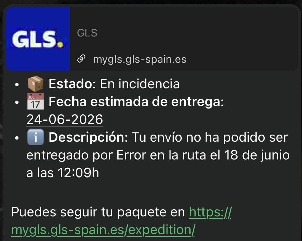 Hellr0ids's tweet photo. @GLS_clientes Estos es un desastre he pedido un paquete de 263€ y está perdido por ahí sabrá dios donde @DecathlonEspana @GLS_clientes poner una solución a esto la entrega era el 17 y ya estamos a 23 y cada día que pasa su IA solo te aumenta los días de entrega, un paquete de 15kl desparece! https://t.co/CsDfIzA0uG