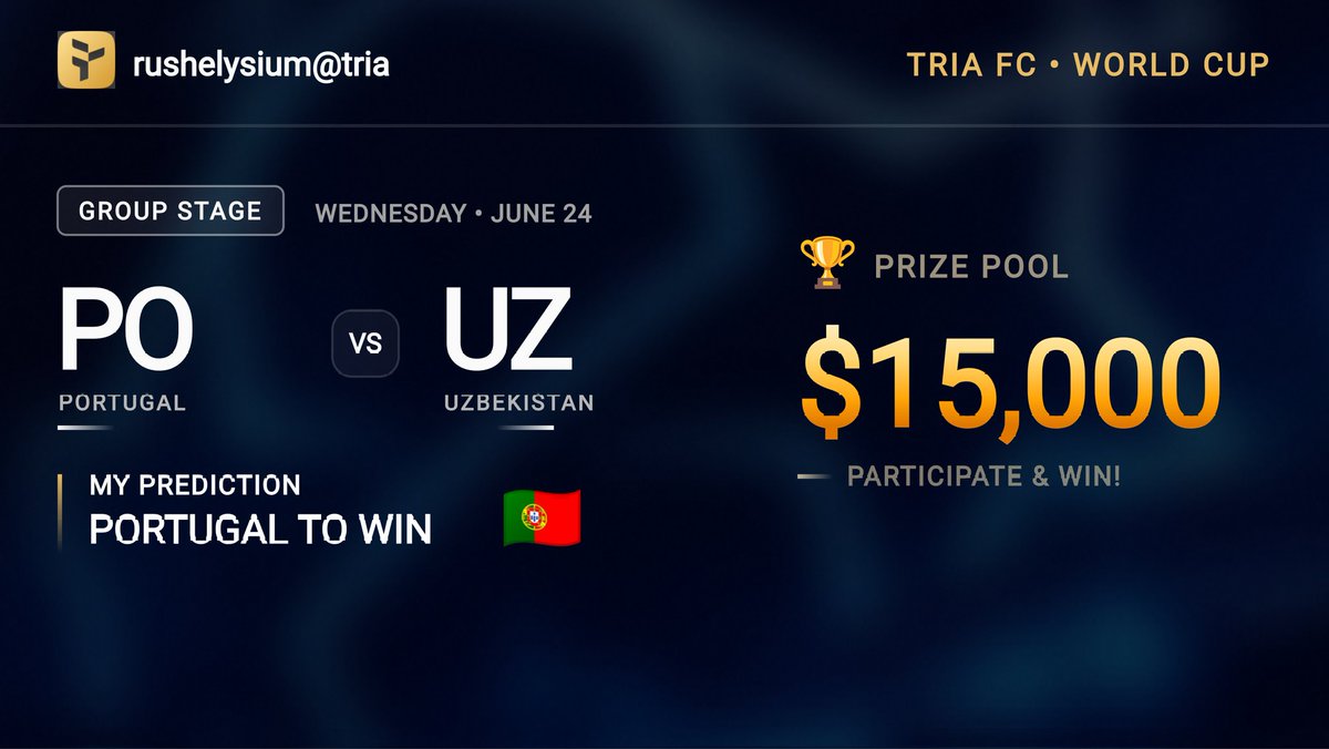 rushelysium's tweet photo. My World Cup card is live on @useTria 🔥 Backing 🇵🇹 Portugal TO WIN vs Uzbekistan.

I'm racing for a $15K prize pool on Tria - every pick, swipe &amp; trade scores. Think you can read the World Cup better than me? 👇 #TriaFC
https://t.co/82E7ZG7Dht https://t.co/cxVasiom7T