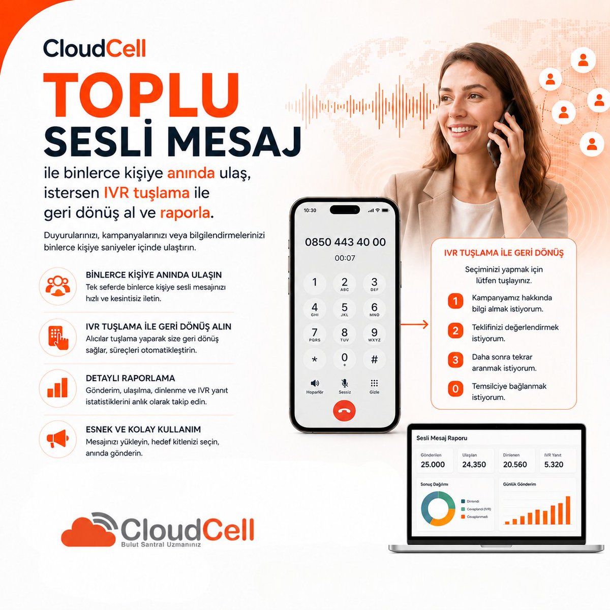 TRcloudcell's tweet photo. CloudCell Toplu Sesli Mesaj ile hedef kitlenize saniyeler içinde seslenin!

IVR tuşlama özelliğiyle anında geri dönüş alın ve kampanya sonuçlarınızı detaylı olarak raporlayın.

Detaylı bilgi için bize ulaşın:
🌐https://t.co/JhGFjCrIBI
📞0850 443 40 00

#cloudcell #seslimesaj #IVR https://t.co/2H87UQmS7Z