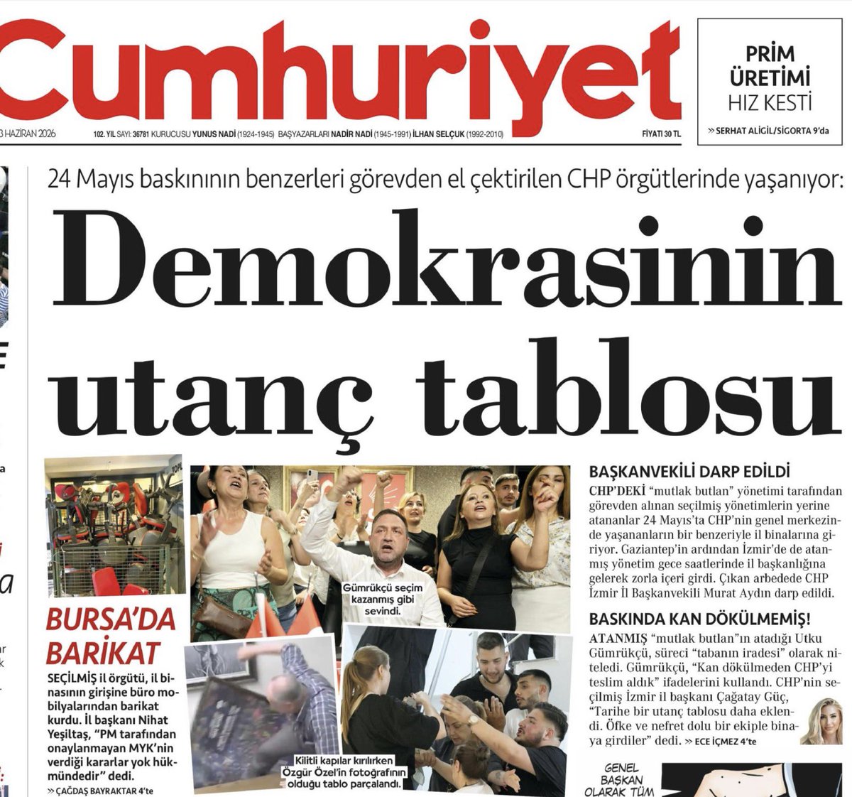 MaliGuller's tweet photo. “KAN DÖKÜLMEDEN CHP’Yİ TESLİM ALDIK!”
“Atanmış ‘mutlak butlan’ın atadığı Utku Gümrükçü, süreci ‘tabanın iradesi’ olarak niteledi. Gümrükçü, ‘Kan dökülmeden CHP'yi teslim aldık’ ifadelerini kullandı. CHP'nin seçilmiş İzmir il başkanı Çağatay Güç, ‘Tarihe bir utanç tablosu daha eklendi. Öfke ve nefret dolu bir ekiple binaya girdiler’ dedi.”
@eceicmez’in haberi 👇🏽