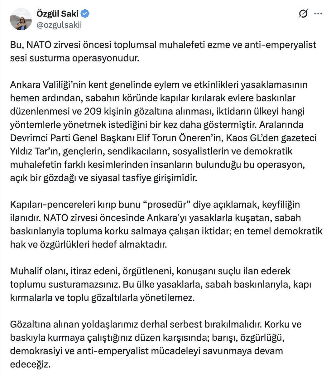 velvele1969's tweet photo. Ankara Cumhuriyet Başsavcılığı, ev baskınlarında gözaltına alınanların sayısını 209 olarak açıkladı. DEM Parti milletvekili Özgül Saki, gözaltına alınanlar arasında Kaos GL'den gazeteci Yıldız Tar ile Devrimci Parti Genel Başkanı Elif Torun Öneren'in de bulunduğunu bildirdi. https://t.co/OwcVSWoZwb