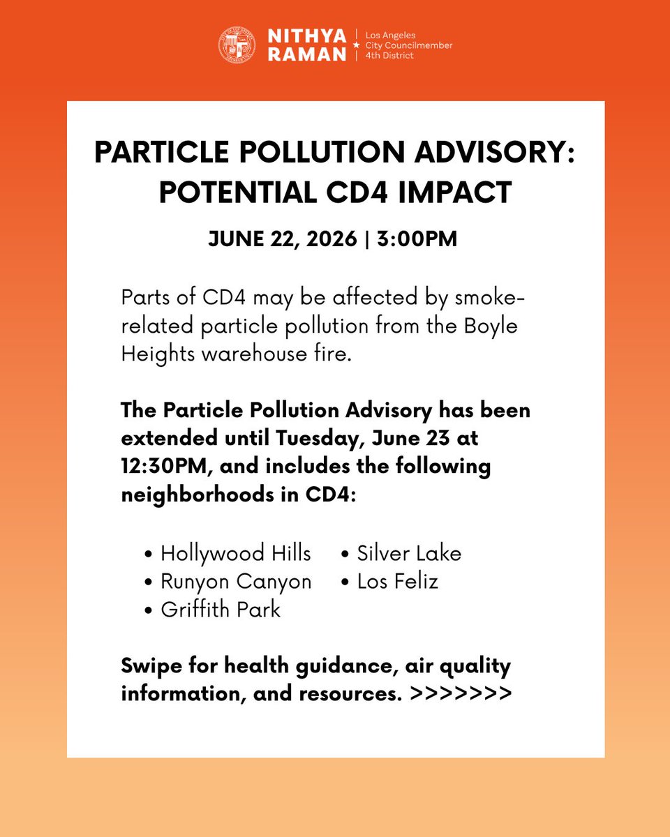 cd4losangeles's tweet photo. *EXTENDED* The Particle Pollution Advisory has been extended until  Tuesday, June 23 at 12:30PM.
Stay informed and up-to-date on the Lineage Logistics warehouse fire in Boyle Heights and air quality conditions in your area by visiting https://t.co/2znoVEPse6 https://t.co/up0rVXknvZ