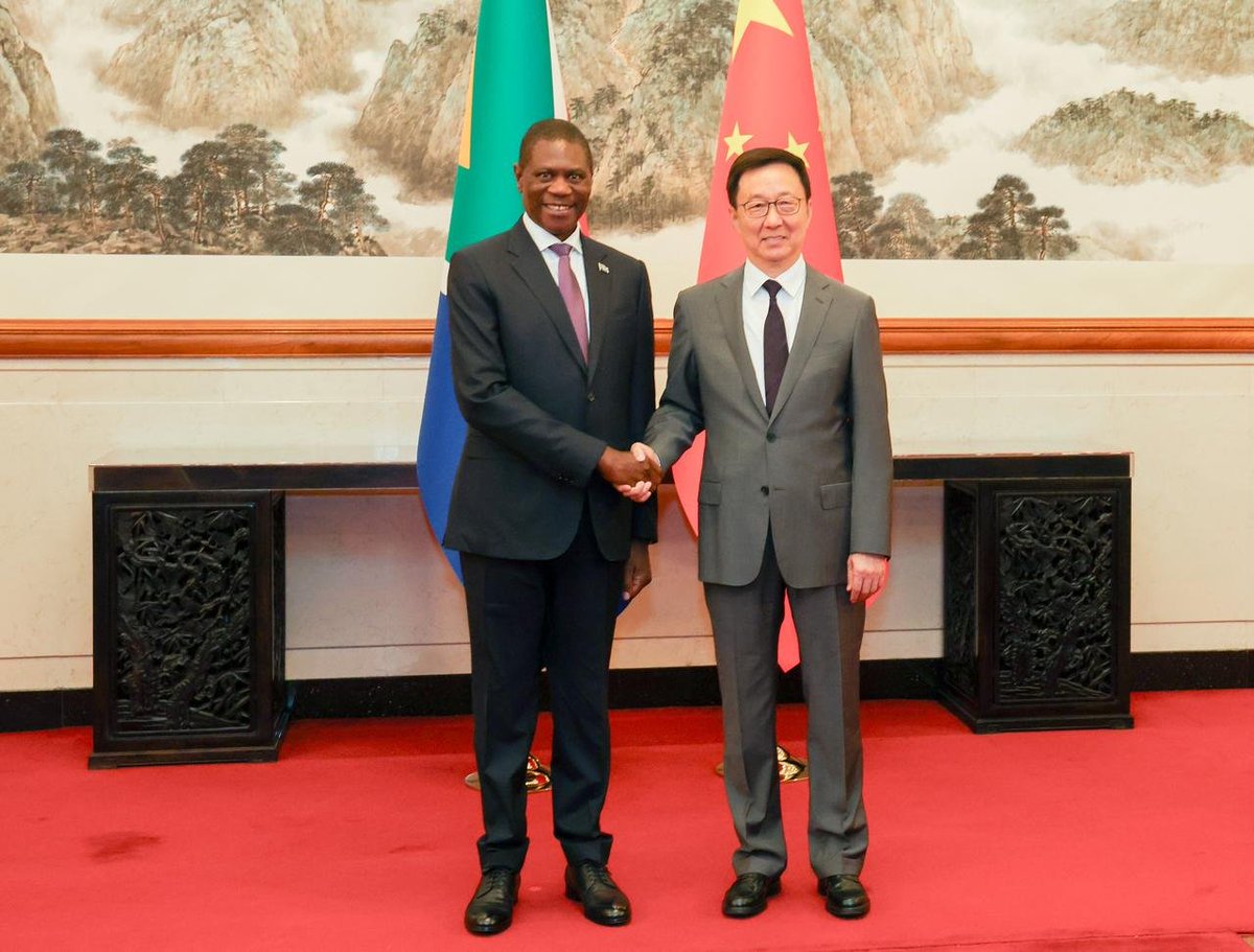 PresidencyZA's tweet photo. His Excellency, the Deputy President of the Republic of South Africa, @PMashatile had bilateral discussions with His Excellency, Mr Han Zheng, Vice President of the People’s Republic of China.

The meeting takes place following the successful conclusion of the 9th South Africa-China Bi-National Commission hosted in Cape Town in March 2026. 

#SAinChina 🇿🇦🤝🇨🇳