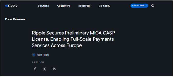 BankXRP's tweet photo. JUST IN: Ripple receives preliminary CASP license approval from Luxembourg's CSSF, enabling regulated crypto payments across all 30 European Economic Area countries under MiCA. https://t.co/pzXNZ8YGNh