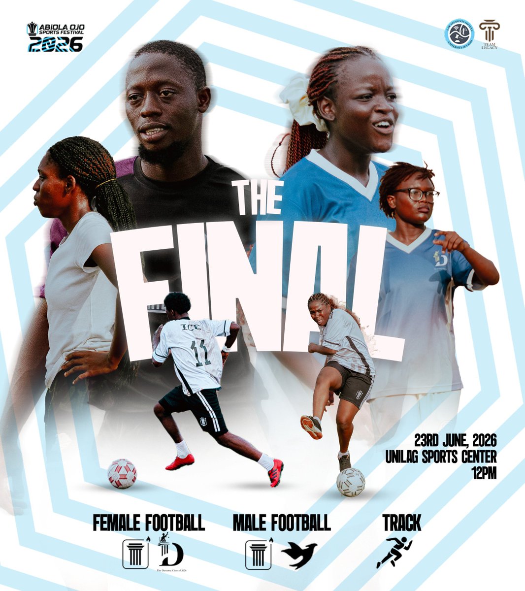 lssunilag's tweet photo. This is what it all comes down to. ππ₯
Female Football, Male Football, and Track β all decided tomorrow.
23rd June, UNILAG Sports Center, 12PM.
The festival ends on the biggest stage. Come and witness it.
#AOSF2026 #WePlayNext https://t.co/STXOVPMm6F