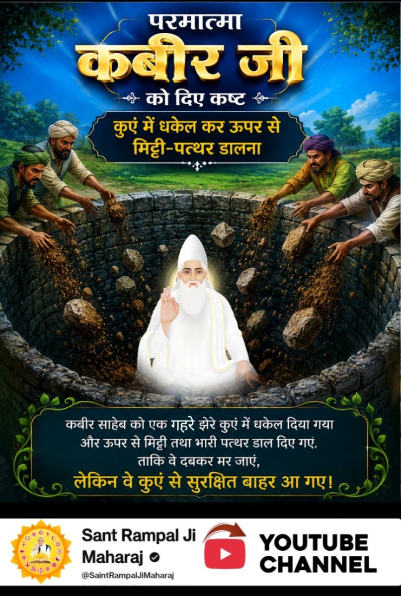 SavitaC05335022's tweet photo. #परमात्मा_पर_किये_गए_जुल्म
कुएं में धकेल कर ऊपर से मिट्टी-पत्थर डालना
कबीर साहेब को एक गहरे झेरे कुएं में धकेल दिया गया और ऊपर से मिट्टी तथा भारी पत्थर डाल दिए गए ताकि वे दबकर मर जाएं। लेकिन वे कुएं से सुरक्षित बाहर आ गए।
6Days Left Kabir Prakat Diwas https://t.co/exZ3G1zg05