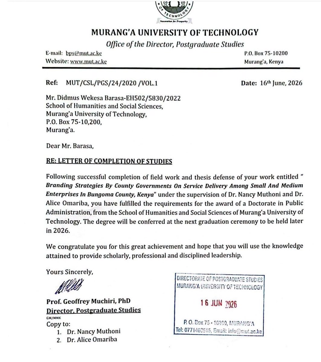 smutoro's tweet photo. This is FAKE and financially-transmitted degree. @CUE_Kenya should reprimand @MurangaUni for this shameful development. How does someone with no known education graduate with a PhD in a public university. The @dci_kenya should probe this asap https://t.co/jzgn6l3mwL
