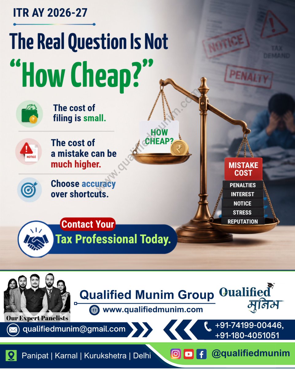 qualifiedmunim's tweet photo. ⚖️ The real question is not “How Cheap?” but “How Accurate?”
ITR filing mein shortcuts nahi, accuracy matter karti hai. Notice aur penalties se bachne ke liye professional guidance lein.
✅ Contact us today for hassle-free ITR filing. https://t.co/eVbfi0qoa5