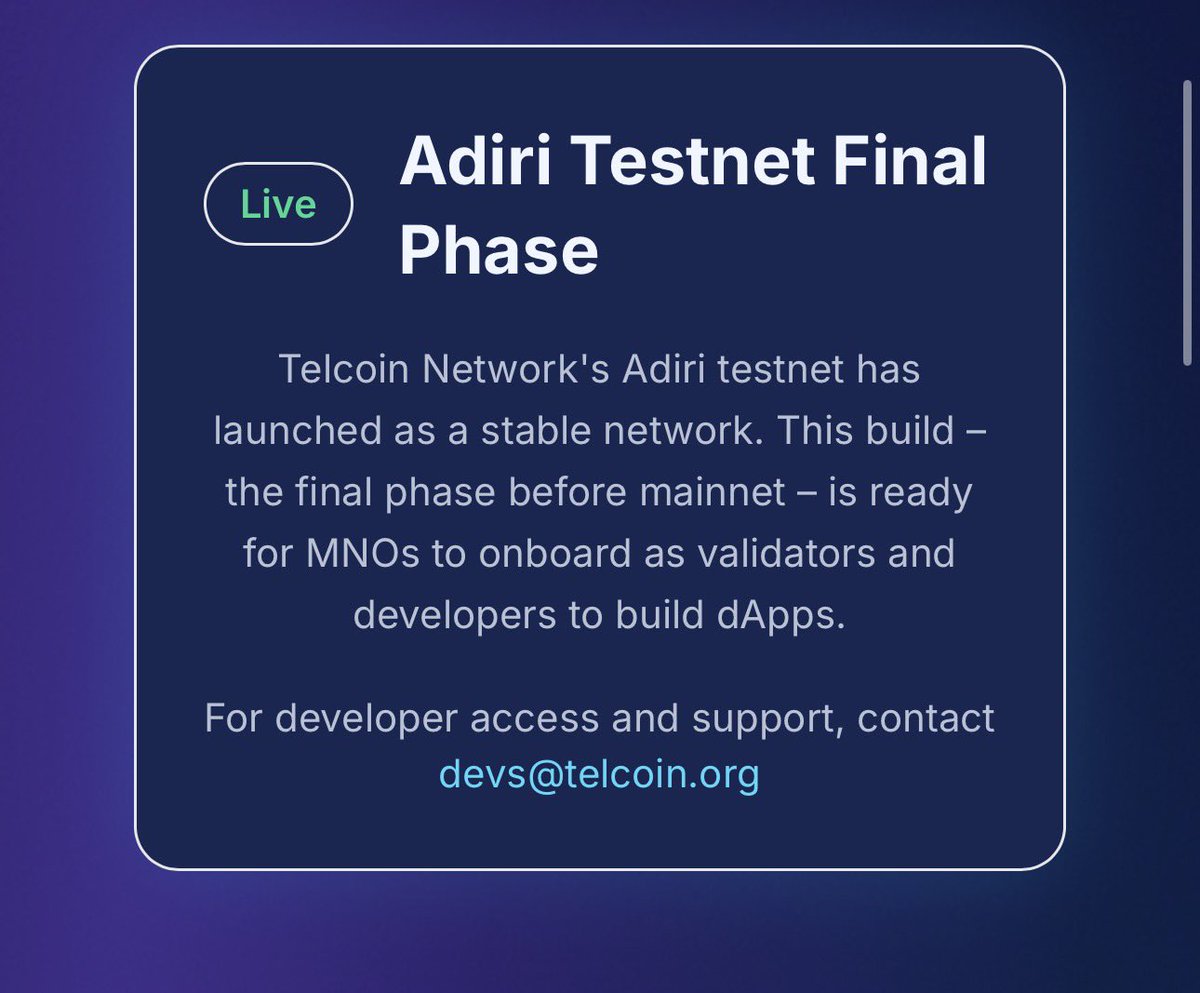 AngelofYHVH's tweet photo. We are launching Telcoin Network soon.

Telcoin Network's Adiri testnet has launched as a stable network. This is the final phase before mainnet

12 MNO validators are currently testing it.

telcoin:native https://t.co/3kx5cVf5VW