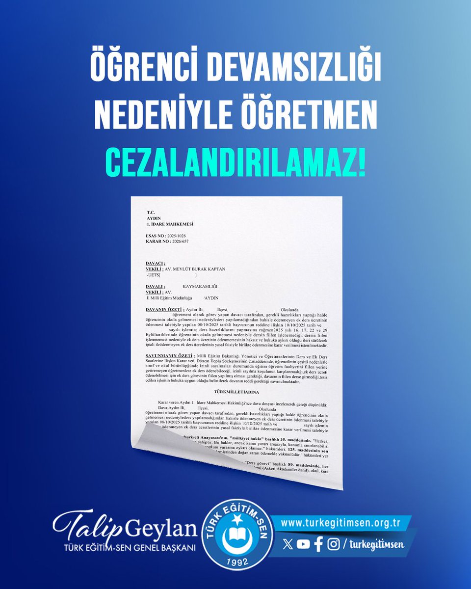 turkegitimsen's tweet photo. ÖĞRENCİ DEVAMSIZLIĞI NEDENİYLE ÖDENMEYEN EK DERS ÜCRETLERİNİN ÖDENMESİNE YÖNELİK MAHKEME KARARI
https://t.co/vxZ2IcyaLD https://t.co/P5A2KDPlw8