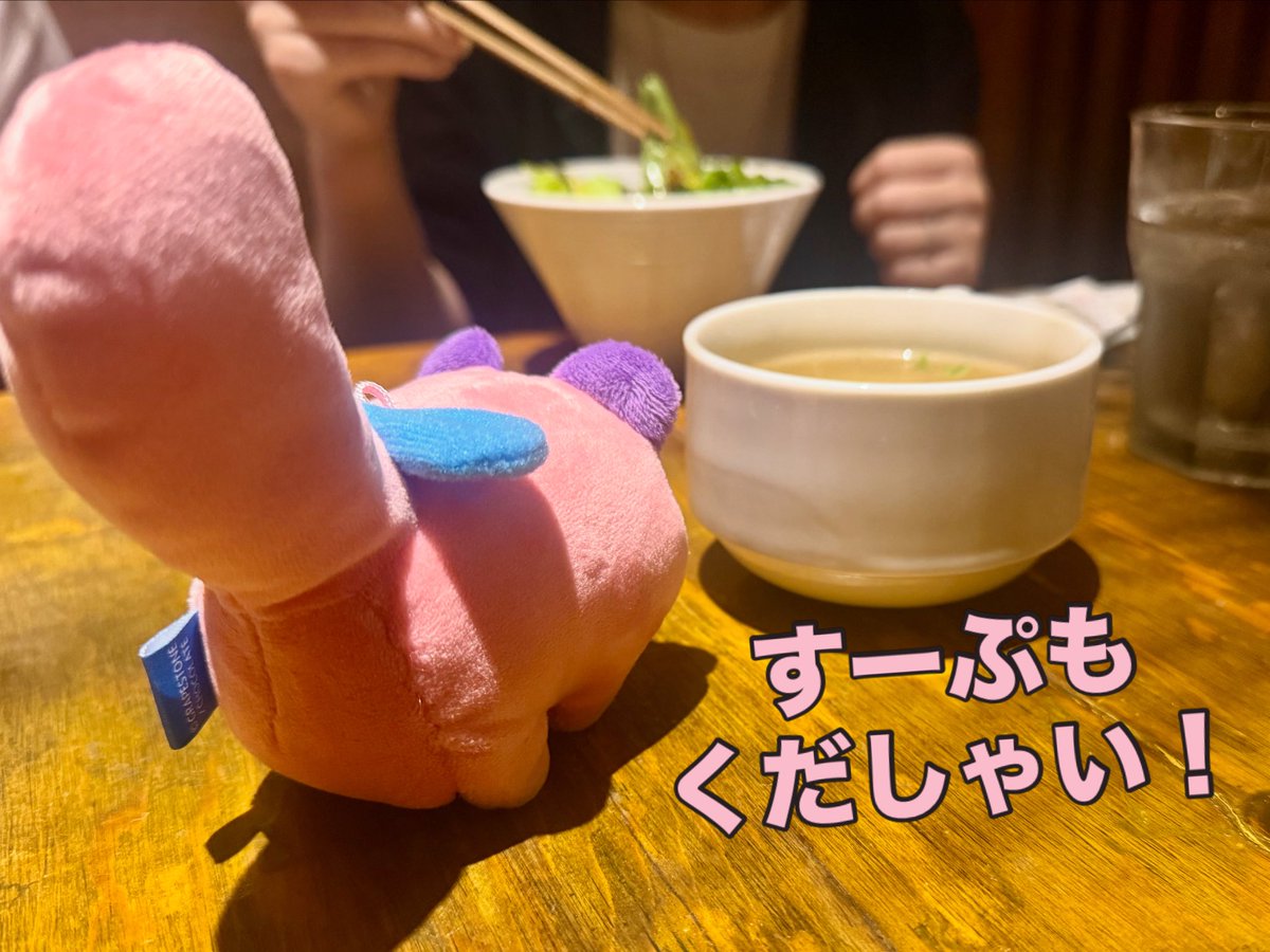 RuYamaTo's tweet photo. ランチとうめちゃん🐈‍⬛

かいぬししゃん
これ、うめちゃんのでしゅか？

#うめちゃんと女子会
#スープもおねだり
#東京ばにゃ奈 https://t.co/F43Sw1mUn9