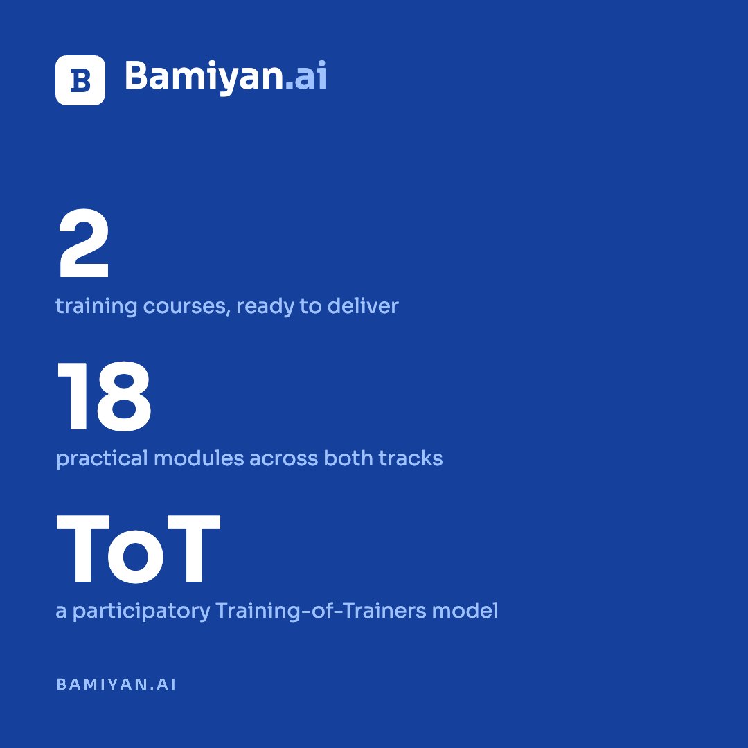 bamiyan_eth's tweet photo. 2 courses.
18 practical modules.
1 participatory Training-of-Trainers model.
https://t.co/ctq2zdfDbl designs digital training programmes that are practical, transferable and ready to deliver.
#DigitalTraining #ToT #DigitalSkills https://t.co/orBCeamiB0