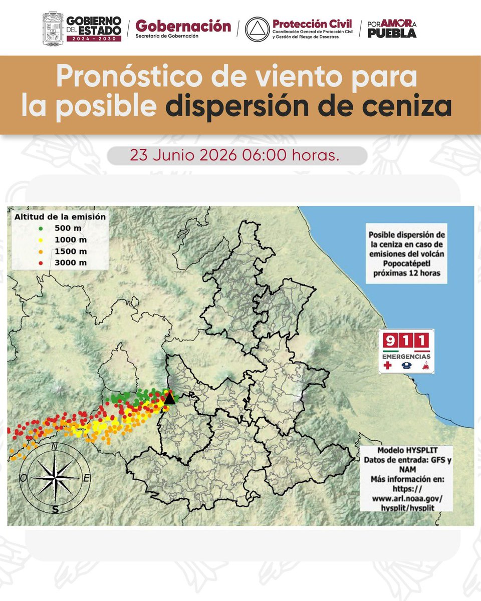 PCGobPue's tweet photo. 🗻 Pronóstico de viento para posible dispersión de ceniza en caso de emisiones del volcán Popocatépetl, podría dirigirse al oeste, regiones de:
📍Valle de Atlixco

•Morelos
•Estado de México
•Guerrero https://t.co/lSzoPn7vwG