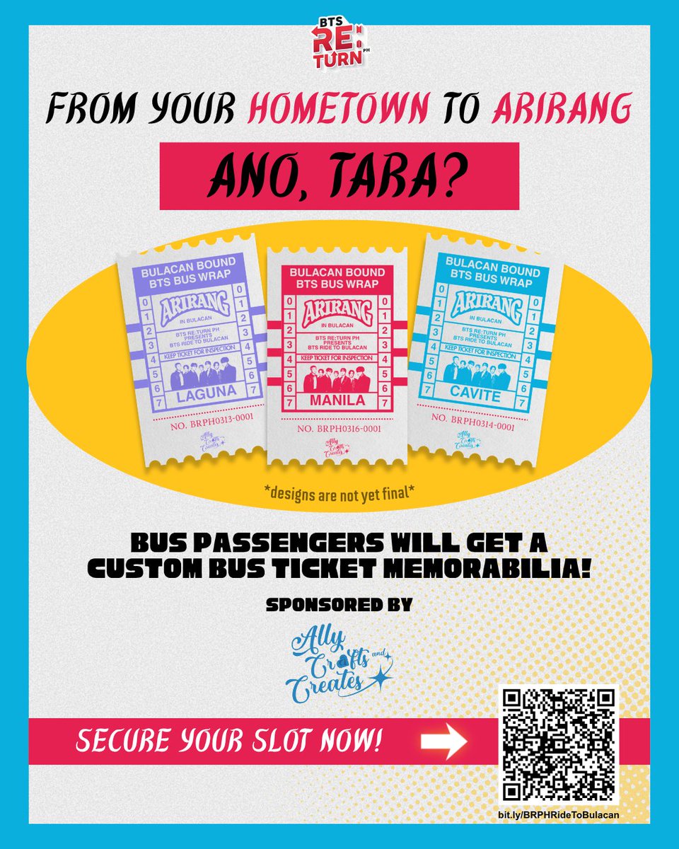 BTSstreamers's tweet photo. 💜🚌 Ride to Bulacan just got more exciting!

All bus passengers will receive an exclusive custom BTS-themed bus ticket memorabilia as a special keepsake for your ARIRANG journey. 🎟️✨

A huge thank you to Ally Craft and Creates for sponsoring these custom bus tickets and helping make this fan project even more special for our fellow ARMYs! 💜

✨ Check out their shop: [Ally Craft and Creates](https://t.co/lVr9F9an6u

Interested in supporting our concert initiatives and fan projects? We're still open for sponsors and partners—just reach out to us! 😉💜

📍 Secure your slot now: https://t.co/qFVhpjADqi

🌐 Learn more about our Concert Initiative: https://t.co/DHRLWbai1a

#BTSRE_TURNPH #BTS #BTS_WORLDTOUR_ARIRANG #BTS_WORLDTOUR_ARIRANG_BULACAN #BTS_WORLDTOUR_ARIRANG_ASIA 💜🫶✨