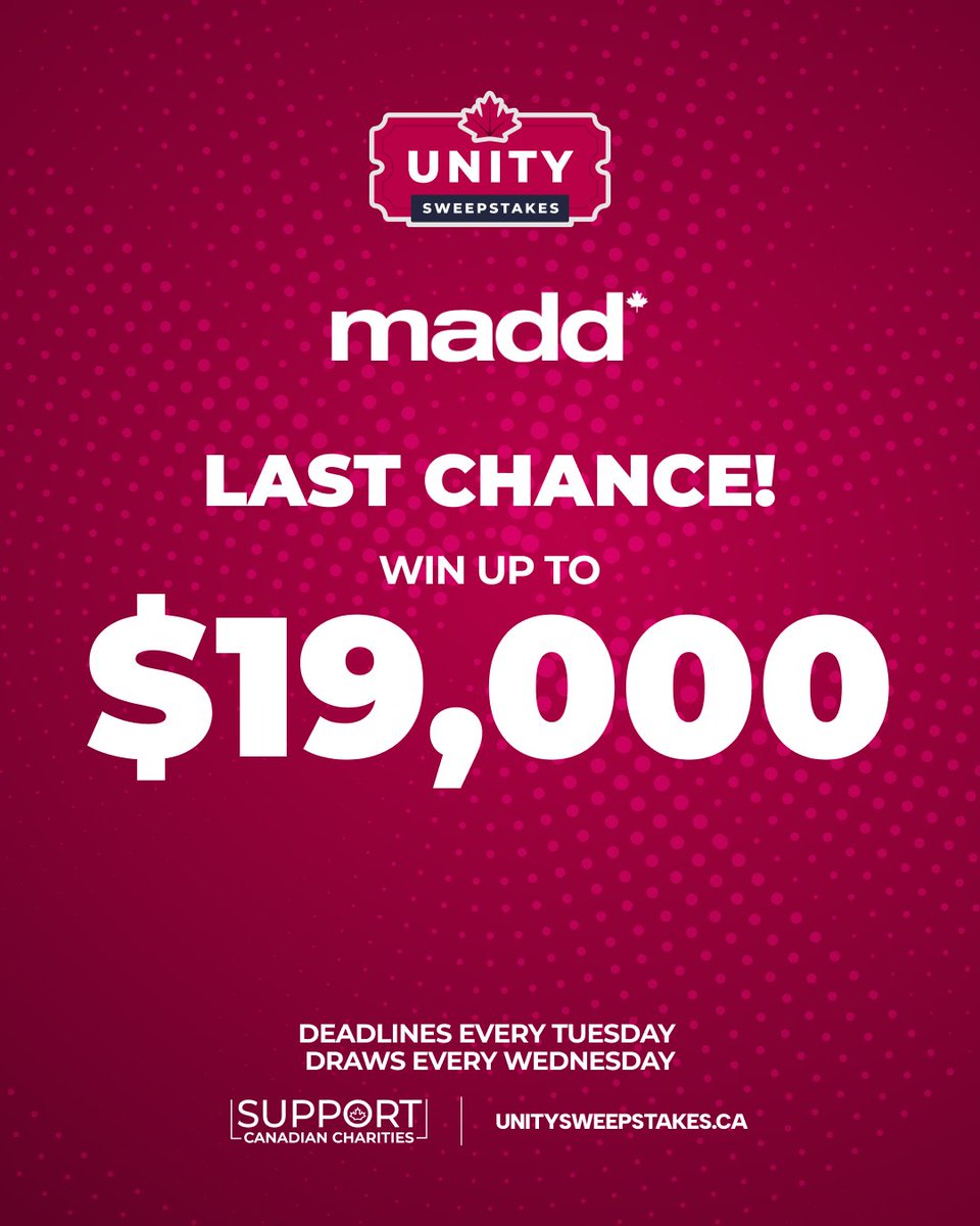 maddcanada's tweet photo. 🔔 Tonight's the night — don't miss your shot!
Ticket sales close at 11:59pm → https://t.co/jSnB6CYRGq

One winner is about to take home:
💰 $5,000 guaranteed
🔐 A chance at The Vault — now holding $14,000

That's $19,000 on the line for one person tonight.
Could it be you? Get in before midnight → https://t.co/jSnB6CYRGq