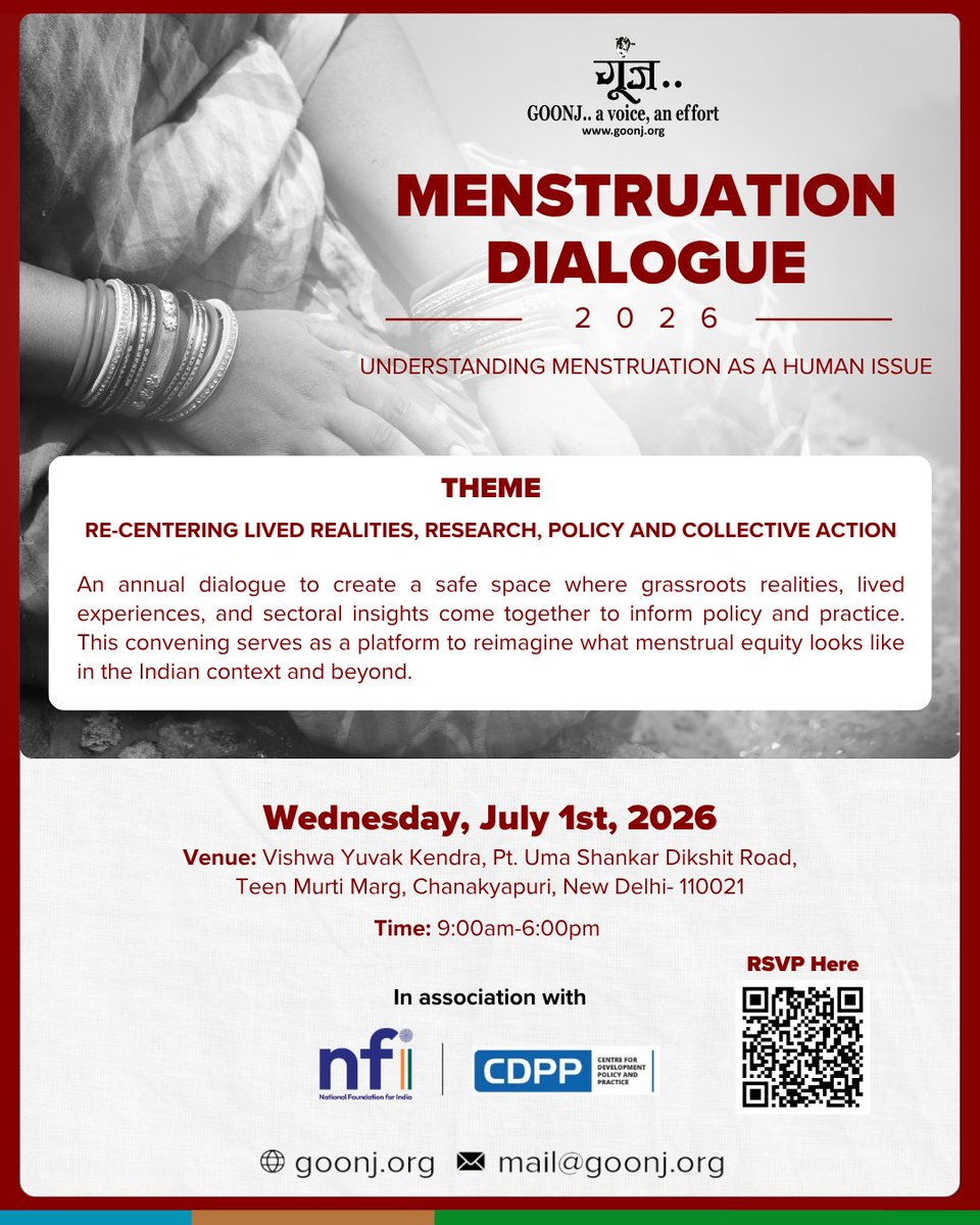 goonj's tweet photo. When an issue touches nearly half of humanity, it opens up questions that concern all of society.

You are invited to Menstruation Dialogue 2026- an annual dialogue that explores menstruation as a deeply human issue, shaped by our bodies, relationships, communities, systems, and everyday realities.   

Registration link: 
https://t.co/RHT19D7tLJ