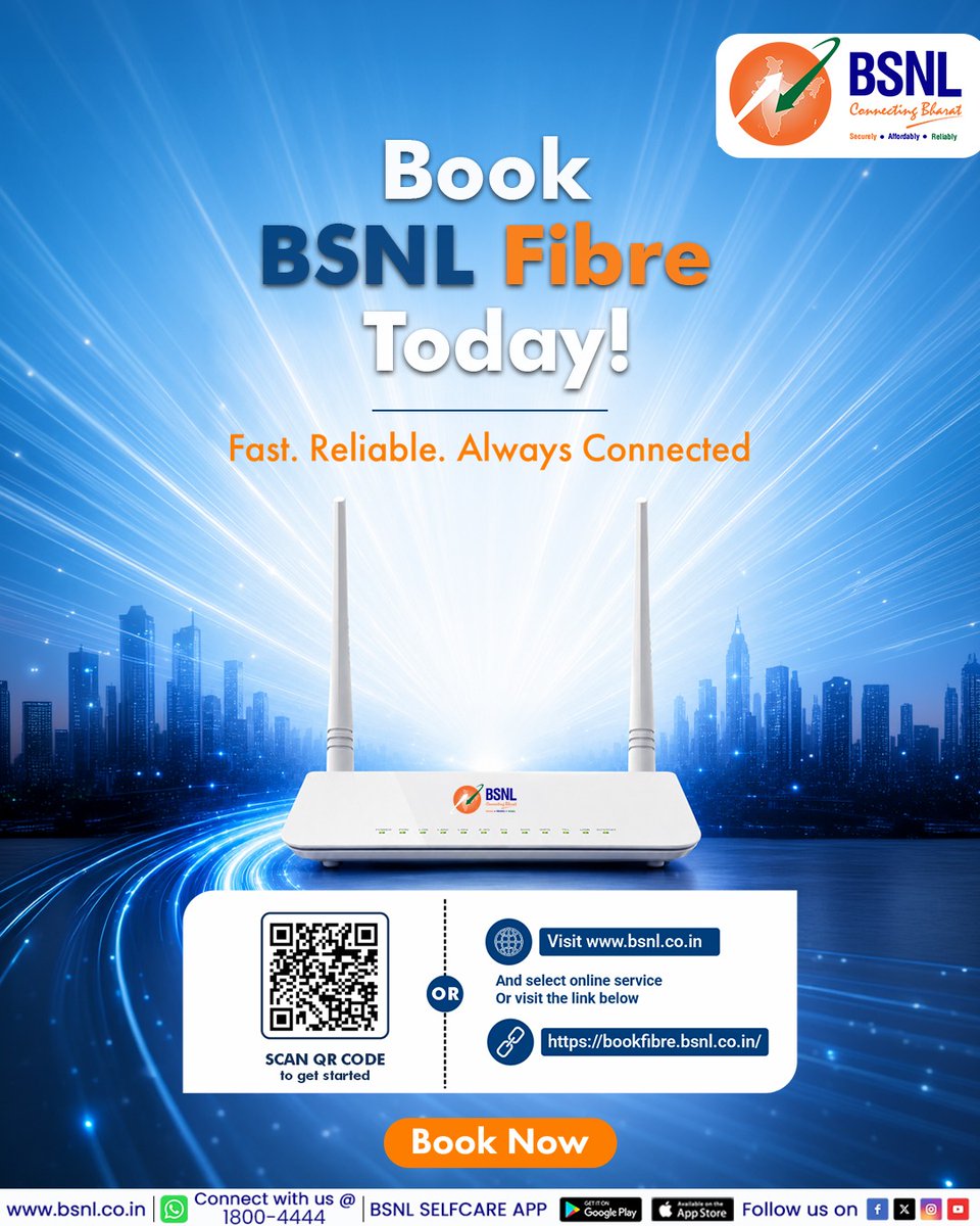 bsnl_ap_circle's tweet photo. Superfast internet ka experience ab sirf ek booking door!
Streaming, gaming, work from home ya online learning-BSNL Fibre ke saath paaiye reliable high-speed connectivity jo har zaroorat ke saath chale.
Book your fiber via #bsnlffth 👉 https://t.co/C2MJRIFPDv
#BSNLIndia https://t.co/0t08heFSRT