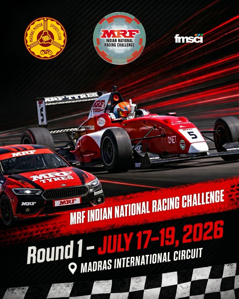 fmsci's tweet photo. 🏁 The countdown is over. The racing begins now! 🔥

📍 Round 1 – Madras International Circuit
📅 July 17–19, 2026

#MRFINRC2026 #MRFIndianNationalRacingChallenge #MRFRacing #MotorsportIndia #IndianRacing #MadrasInternationalCircuit #MMSC #RaceWeekend #TrackAction #FormulaRacing https://t.co/0rHCxzk0iY