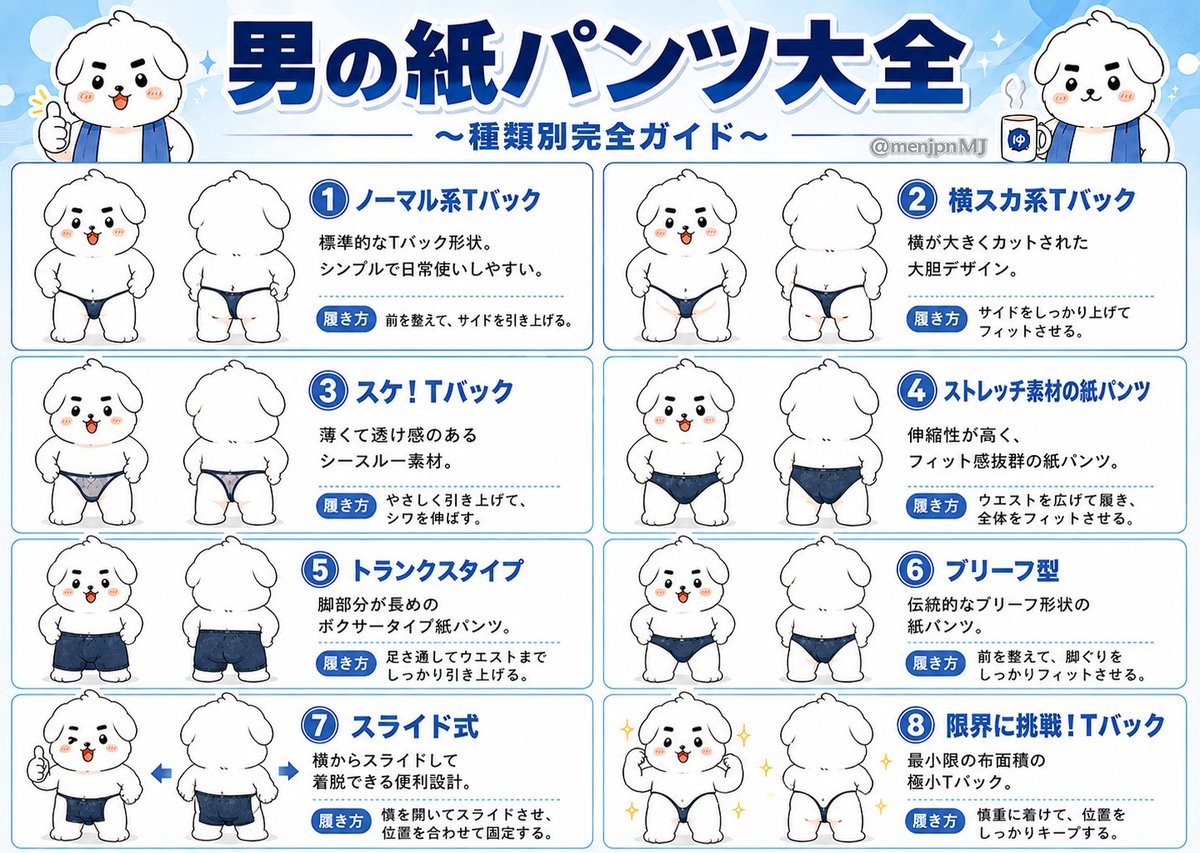 menjpnMJ's tweet photo. ＼履きかた間違えたら恥ずかしい🚫／
メンズエステ 紙パンツの種類まとめました https://t.co/v11RdEkLBC