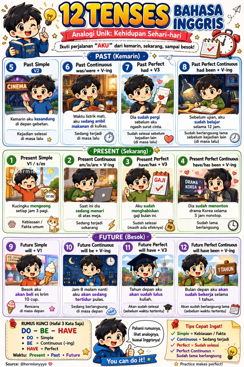 hermionyyye's tweet photo. WAJIB SAVEEEE!‼️

DIJAMIN CEPAT NGERTI 12 TENSES BAHASA INGGRIS – ANALOGI UNIK "KEHIDUPAN SEHARI2"!🤩🙌 https://t.co/4PfBXkZUd9