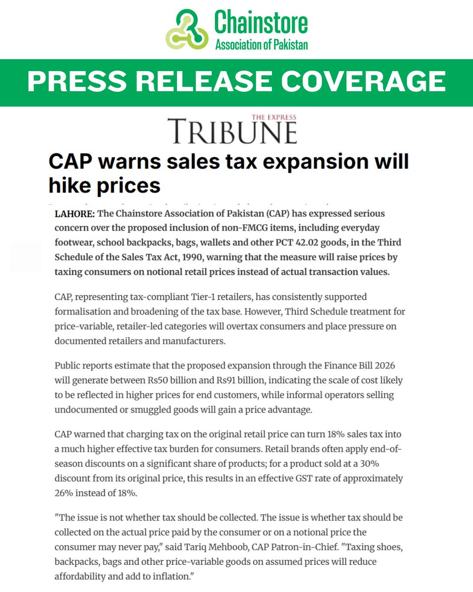 chainstorePk's tweet photo. CAP’s press release receives nationwide media coverage, highlighting serious concerns over proposed expansion of the Third Schedule of the Sales Tax Act, 1990.
The association warns that the measure could lead to higher consumer prices and further inflationary pressure on people https://t.co/wrdbmrwrGh