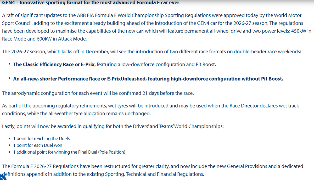 DarshanChokhani's tweet photo. .@FIAFormulaE reveals 21-race calendar for '27, which includes new double-header format where Saturday will hold short 'EPrix Unleashed' races. Additional points awarded for duels too + more.

.@OfficialWRC approves #Rally2 cars from 2027:

https://t.co/PmgfFAfPIF #FormulaE #WRC https://t.co/i8iZKPh8w9