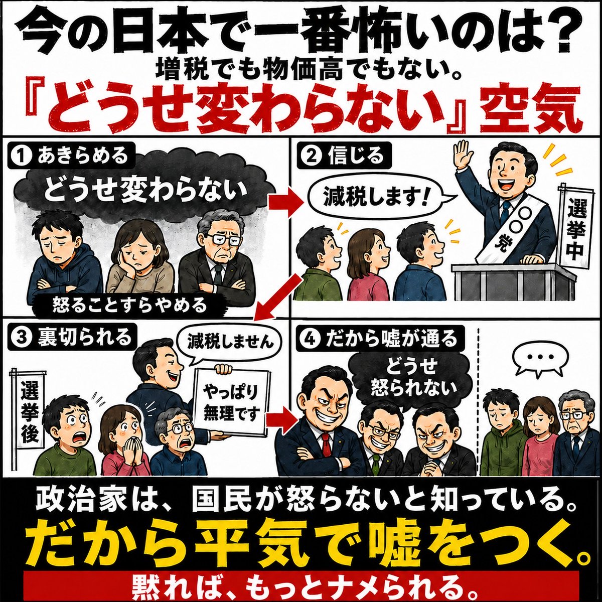 nemoto_ryosuke2's tweet photo. 今の日本で一番怖いのは、「どうせ変わらない」と言う空気感 https://t.co/nZX6JBMygi