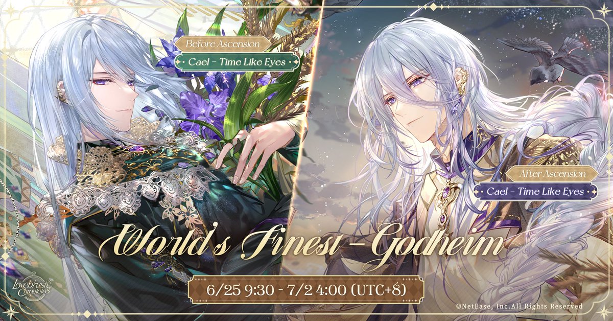 LBChronicles_EN's tweet photo. 🌾World's Finest - Time Like Eyes🌾
"Back then, I thought I'd never receive the Rainbow Goddess's blessings."

Cael SSR [Time Like Eyes] makes a limited-time return with an increased drop rate in the [World's Finest - Godheim] Illustra Pool. This Illustra Pool features Sketch rewards. Reaching the 160th Sketch rewards the [Godheim Giftbox - Cael].
►Event Period: 6/25 09:30 - 7/2 4:00 (UTC+8)
►Event Details: Cael SSR [Time Like Eyes] enjoys a chance up in the [Gallery], with its drop rate increased to 50% of all SSR Illustras. The first 3 SSRs drawn will guarantee 1 [Time Like Eyes].

※ Special Notes:
1. Reaching the 160th Sketch rewards this term's [Godheim Giftbox - Cael], which lets you choose either Cael SSR [Time Like Eyes] or [Chess Player]. If you don't claim it now, you can save your reward and choose another male character's [Godheim Giftbox] in the next run.
2. The [World's Finest] gallery will rerun periodically. [World's Finest - Godheim] shares a pity counter with the permanent gallery, and Sketch progress carries over for the same theme.
* [Time Like Eyes] will not be added to the permanent gallery after this limited-time rerun, but it may return in future limited events or the [Godheim Giftbox - Cael].

View Details:
https://t.co/vz1nIRQy6E

#LovebrushChronicles