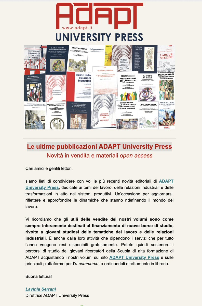 MicheTiraboschi's tweet photo. Ecco le ultime pubblicazioni di @ADAPT_Press. Una (buona) occasione anche per contribuire al finanziamento di borse di dottorato rivolte a giovani studiosi delle tematiche del lavoro e delle relazioni industriali da cui in parte dipendono analisi e studi che, per tutto l’anno, vengono resi disponibili in modalità aperta da @bollettinoADAPT.
Qui il link: https://t.co/IU63vhmBM2