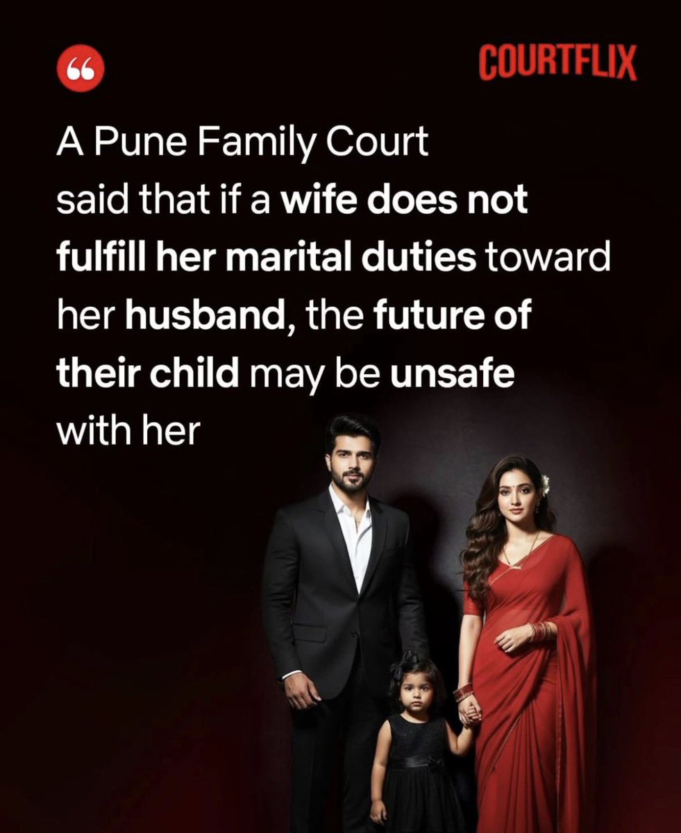 SamSiff's tweet photo. This is not “controversy”. This is REALITY. 🔥

Pune Family Court just dropped a truth bomb in a child custody case: 
A woman who can’t uphold her marriage vows, care for her husband physically & emotionally, or even pray for his well-being? Her “pious duties” matter — because if she fails there, the child’s future is unsafe with her. Custody to the father.

And the usual suspects are losing their minds.
Why this is 100% correct:
•  Child’s welfare is NOT just “mother = automatic custody” magic. Courts MUST look at parental conduct.
•  Marriage isn’t a one-way street where she walks out, files cases, alienates the child, and still demands the kid as trophy.
•  If she couldn’t be a supportive wife, what makes you think she’ll suddenly be a stable, non-toxic mother? Actions have consequences.

Critics screaming “gender roles bad, only child’s best interest!” — exactly. The child’s best interest includes a parent who doesn’t treat the other parent like an ATM + enemy. 

Decades of biased laws (498A, DV, maintenance) trained women that marriage is a contract with zero duties, only rights. 

Courts are finally noticing the damage to kids.
Supporters get it: Family isn’t a feminist experiment. Parental fitness includes how you behaved in the marriage. Hypocrisy exposed — same activists who demand “women’s rights” suddenly forget duties when it suits them.

Indian family courts have bent over backwards for “mother is natural guardian” while ignoring fathers’ sacrifices, false cases, and parental alienation. 

Time to balance the scales with gender-neutral laws based on evidence, not gender.