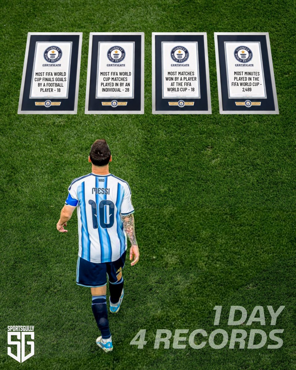 thesportsgully's tweet photo. 𝐋𝐢𝐨𝐧𝐞𝐥 𝐌𝐞𝐬𝐬𝐢 broke FOUR FIFA World Cup records in a single day, adding yet another unforgettable chapter to his legendary career! 🇦🇷🐐🏆

Now, his remarkable achievement has also been officially recognized by the Guinness World Records. 🌍✨ https://t.co/SHcBXZHUW2