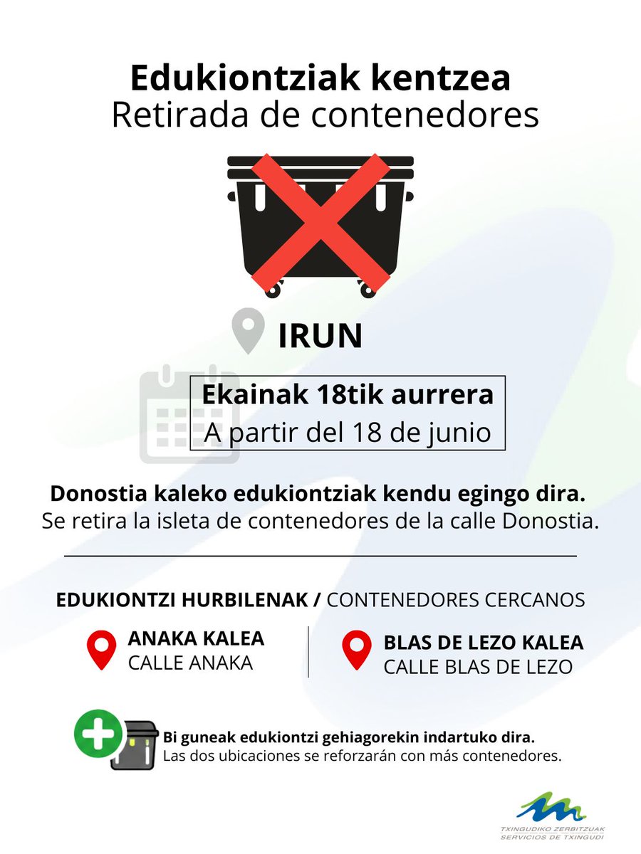 txinzer's tweet photo. 🚧 Donostia kaleko edukiontziak kendu dira obrak direla eta.
📍 Erabili hurbileneko edukiontziak:
• Anaka kalea
• Blas de Lezo kalea
—
🚧 Retirados los contenedores de la calle Donostia por las obras.
📍 Utiliza los contenedores de:
• Calle Anaka
• Calle Blas de Lezo https://t.co/vruL004H9x
