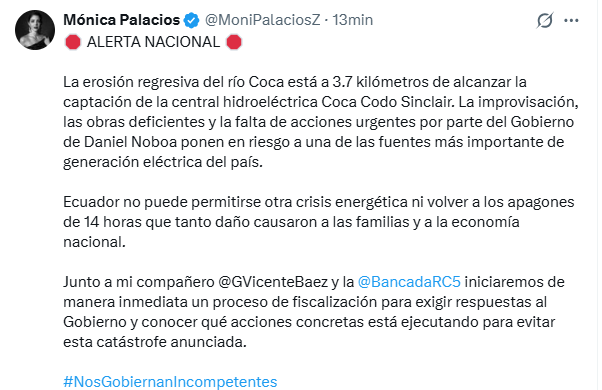 EcEnDirecto's tweet photo. #ATENCIÓN  
Los asambleístas @MoniPalaciosZ y @Vicente_Baez_M iniciarán de manera inmediata un proceso de fiscalización para exigir respuestas al Gobierno, con el fin de conocer qué acciones concretas está ejecutando para evitar que la erosión regresiva del río Coca alcance la captación de la central hidroeléctrica Coca Codo Sinclair. 
"La improvisación, las obras deficientes y la falta de acciones urgentes por parte del Gobierno de Daniel Noboa ponen en riesgo a una de las fuentes más importante de generación eléctrica del país", mencionó Palacios.