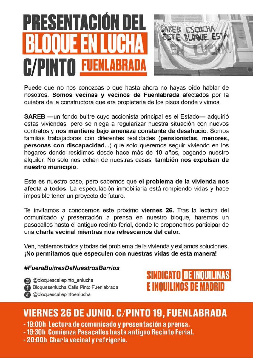 InquilinatoMad's tweet photo. Las vecinas de la SAREB están en lucha y este viernes os esperamos en la presentación de nuestro bloque 🔥✊. 

👉 Presentaremos nuestra lucha, haremos un pasacalles y charla vecinal con refrigerio. 

🗓️ 26 de Junio
📍C/Pinto 19, Fuenlabrada
🕖 19.00h 

¡Os esperamos! https://t.co/3S90lRq4Sl