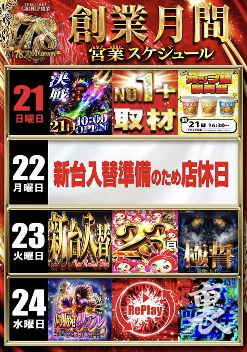 warukunV's tweet photo. 6月24日(水)狙い目‼️
📍福岡県
🏬ユーコーラッキー37ゆめパーク久留米
(剛腕のリアル)

💪ユーコーラッキー37ゆめパーク久留米での剛腕のリアルが5回目の開催💪

前回6月11日(木)の結果は⬇️
🤡SマイジャグラーⅤ
勝率 : 17/40台
🤡SネオアイムジャグラーEX
勝率 : 18/30台
🤡SアイムジャグラーEX
勝率 : 2/10台
🤡Sゴーゴージャグラー3
勝率 : 5/10台
🤡Sファンキージャグラー2
勝率 : 6/9台
🤡Sミスタージャグラー
勝率 : 1/3台

🎯Lミリオンゴッド-神々の軌跡-
🎯Lビッグドリーム
🎯L革命機ヴァルヴレイヴ
🎯L革命機ヴァルヴレイヴ2
🎯L甲鉄城のカバネリ 海門決戦
🎯L東京喰種
が推定剛腕ピックアップ💪

前回もジャグラーコーナーを筆頭に様々な剛腕ピックアップが見られかなり幅広く戦えたんじゃないかな👀✨
マイジャグラーはかなり良かったよね👌⭕️
立ち回りとしてはまずジャグラーコーナーからスタートするのが良いかな🤡🎶
派手に見られるポイントもあるので店内の剛腕ポイントを見つけながら立ち回ろう🏃💨
AT機は多台数機種から一定数のピックアップが見られており、反応している所が見られたら後から飛び込んで行けるのも良いかと💪🔥

明日はユーコーラッキー37ゆめパーク久留米の剛腕のリアルで力強さを体感しに行こう💪✨

専用のオープンチャットはこちらから☑️
【https://t.co/jKCYzqIBsv】
