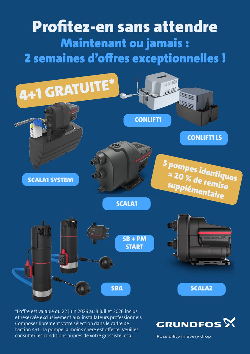 SupersanitGroup's tweet photo. Action Grundfos 4+1 (réservée aux professionnels). Du 22/6 au 3/7, achetez 5 pompes de la gamme Grundfos proposéepour l’action et la moins chère vous sera offerte .
https://t.co/AfnAt48fvi https://t.co/lmyg6NnsJY