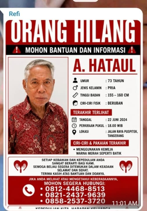 RadioElshinta's tweet photo. Bapak Jufri mencari Pamannya yang bernama Alidad Hataul (73) beralamat di jalan raya Puspitek, Tangerang. Terakhir terlihat meninggalkan rumah pada tanggal 22 Juni 2026 sekitar pukul 18.00 WIB

Ciri-ciri fisik:
Bapak Alidad memiliki ciri-ciri fisik memiliki ringgi badan sekitar 155-160cm dan rambut beruban, mengenakan baju kemeja batik berwarna merah, memiliki logat ambon dengan kondisi sedikit pikun.

Bagi masyarakat yang melihat, mengetahui keberadaan, atau memiliki informasi terkait Ibu Kartini, diharapkan segera menghubungi nomor Elshinta di 0811806543

#infooranghilang #Tangerang #OrangHilang