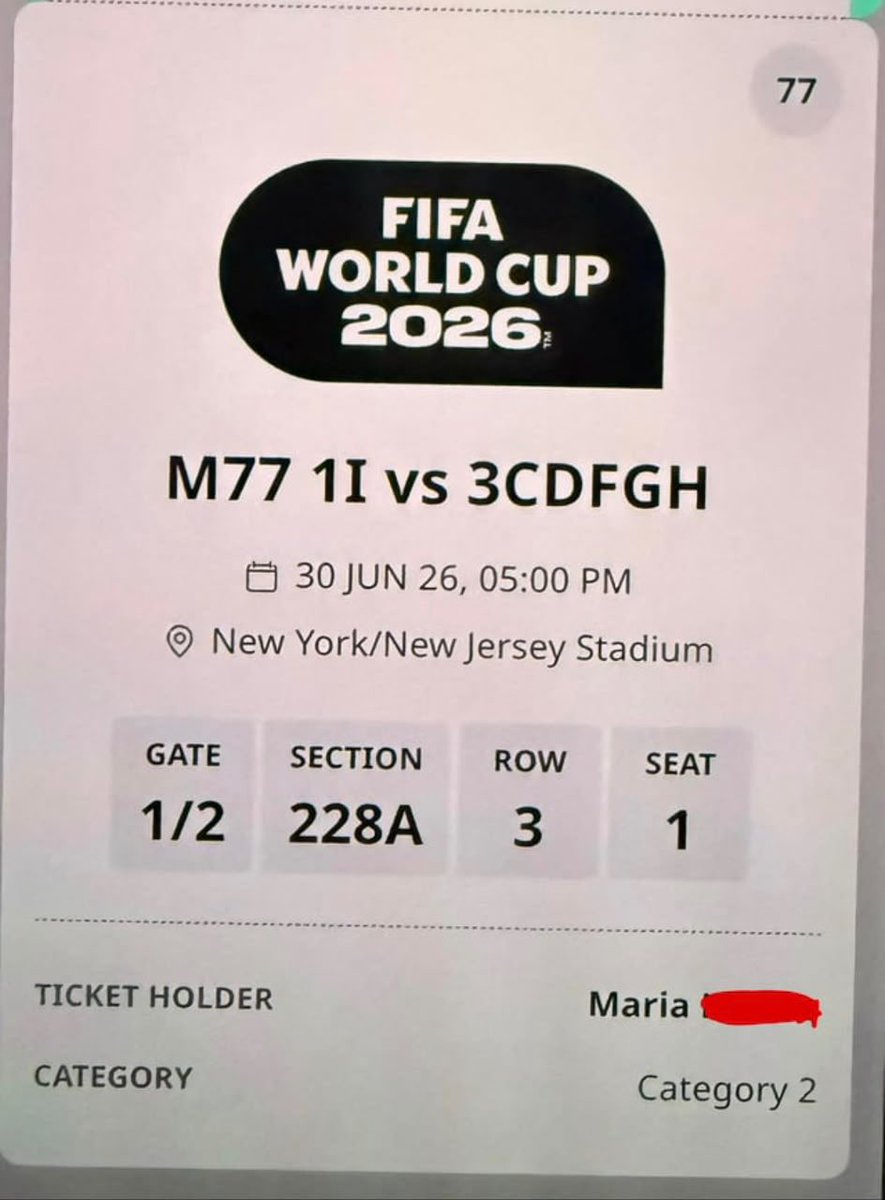 ScottHardyt9's tweet photo. Selling the following (3x Tickets) $2.2k
M77 🏙️New York / New Jersey – Round of 32 (June 30th)
Category 2 | Section 228A | Row 3 | Seats 1-3
 #WorldCup #WorldCup2026 #FIFAWorldCup  #FootballTickets #WorldCupTickets #WorldCup2026 #WorldCupTickets #WC2026Tickets #FIFAWorldCup2026 https://t.co/oMs6tvRD8P