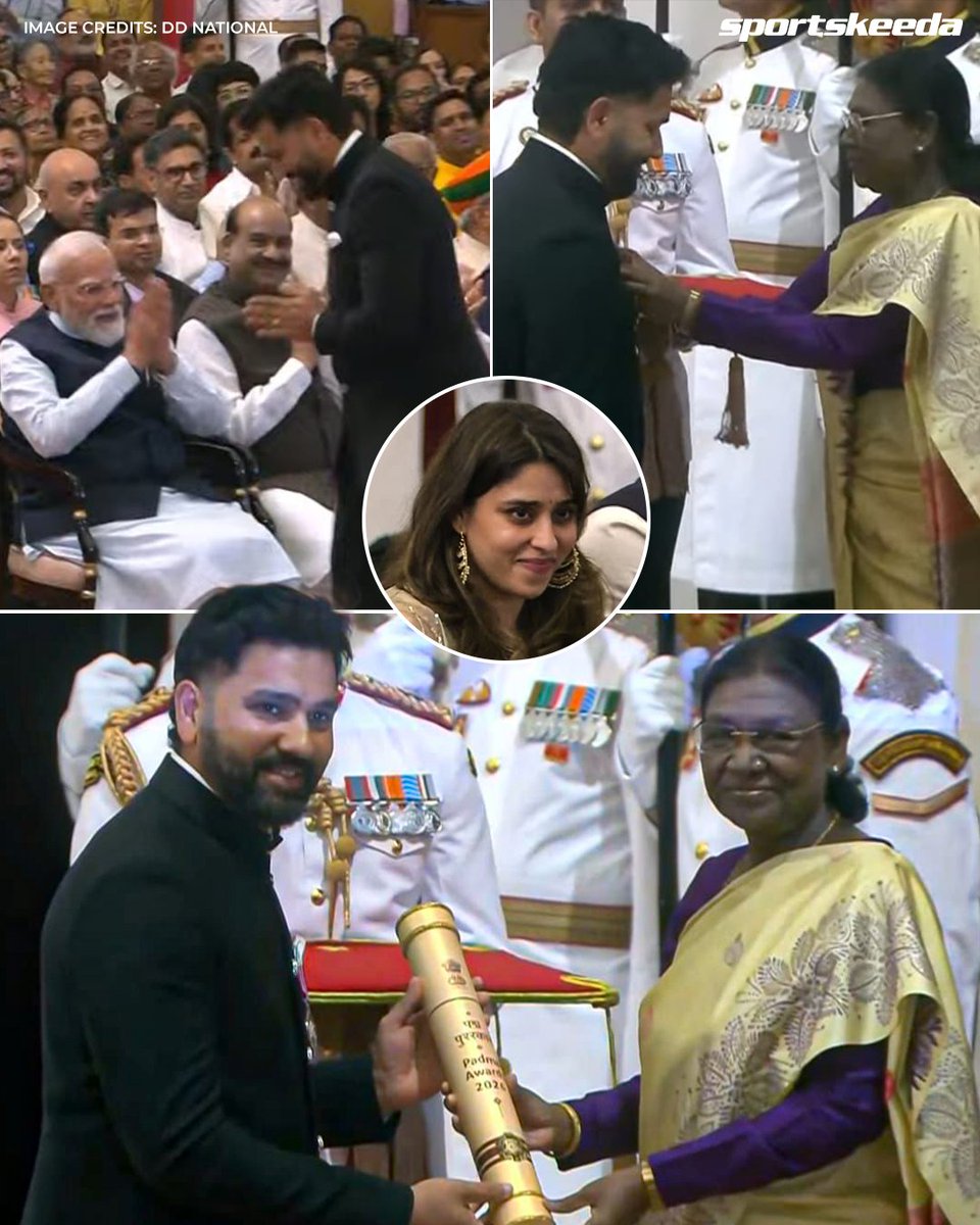Sportskeeda's tweet photo. Rohit Sharma received the prestigious Padma Shri award from the President of India, Droupadi Murmu. 🇮🇳🏅✨

#India #Cricket #Sportskeeda https://t.co/U7VT62fIbj