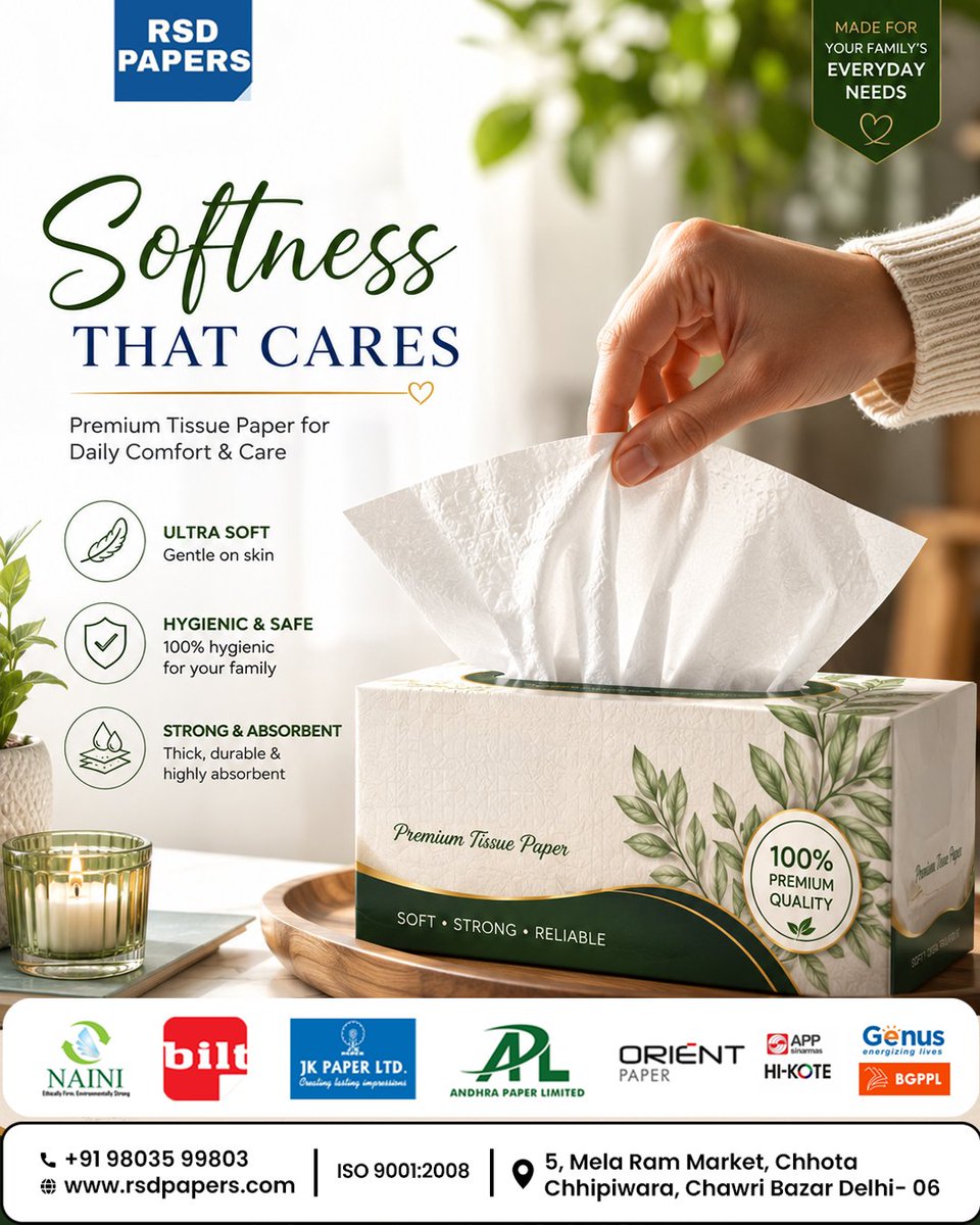 rsdpapers1970's tweet photo. 🤍 Every sheet reflects care, comfort &amp; quality.

Premium tissue papers by RSD Papers-crafted for softness, hygiene, and durability for homes, offices, restaurants, and businesses.

✨ Soft. Hygienic. Reliable.

#RSDPapers #PremiumTissuePaper #DelhiBusiness #ChawriBazar https://t.co/PB2SREO0MY