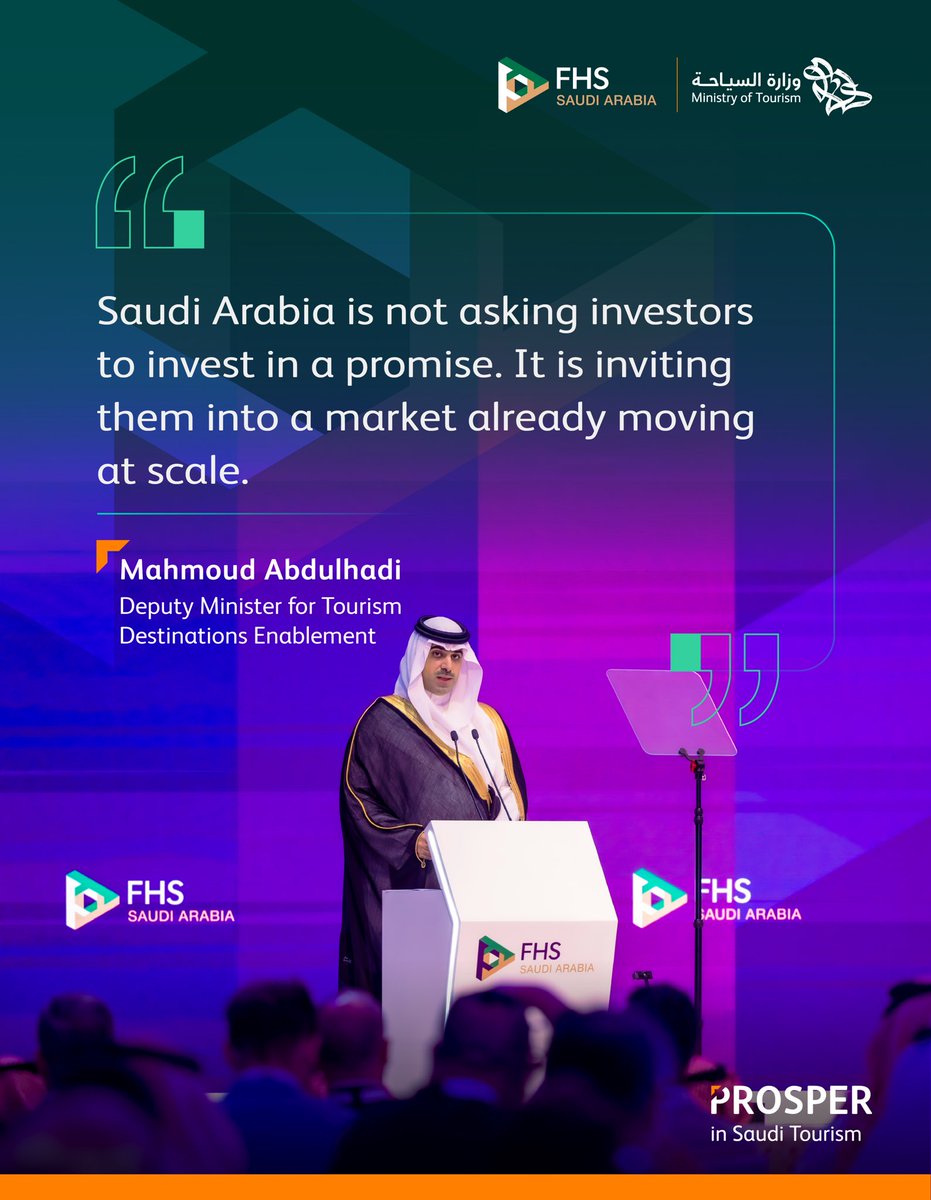 Saudi_MT's tweet photo. From the opening remarks of Mahmoud Abdulhadi, Deputy Minister for Tourism Destination Enablement, at #FHSSaudiArabia, on Saudi tourism’s growth, expanding opportunities, and the role of investment in shaping the sector’s next chapter. https://t.co/efCTrxNM8g