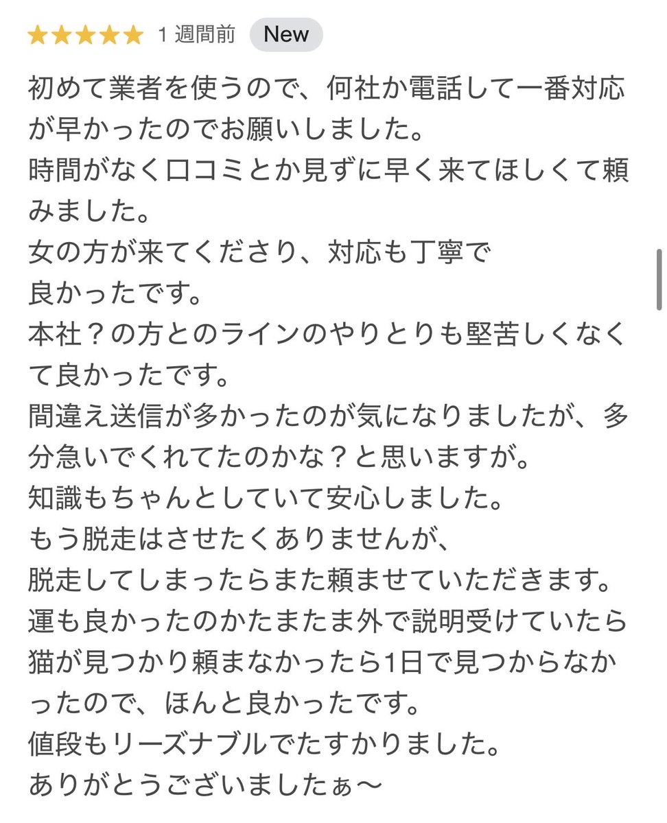 catpro222's tweet photo. 嬉しい口コミをいただきました🐾

猫ちゃん保護できました！と
報告が来るたびに本当に嬉しい気持ちに
なります🥹

温かいお言葉を励みに
今後も全身全霊、保護活動に取り組んで
まいります！ᕦ(ò_óˇ)ᕤｵｰ‼︎
#迷い猫 #猫探偵 #脱走猫 #迷い猫 
#猫探し #キャットプロ https://t.co/zgBjxvWCKP
