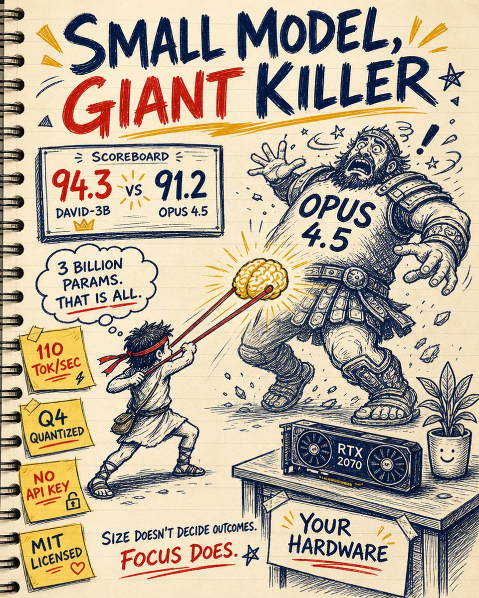 hostmopcom's tweet photo. 1/ A 3 billion parameter model just beat Opus 4.5 (1T+ params) on math reasoning.

VibeThinker-3B scored 94.3 on AIME 2026 — the American Invitational Mathematics Examination. With test-time scaling: 97.1.

3B params. Not 300B. Not 3T. Three billion.

2/ Other benchmarks:
- 80.2 https://t.co/agTvUKlfFK