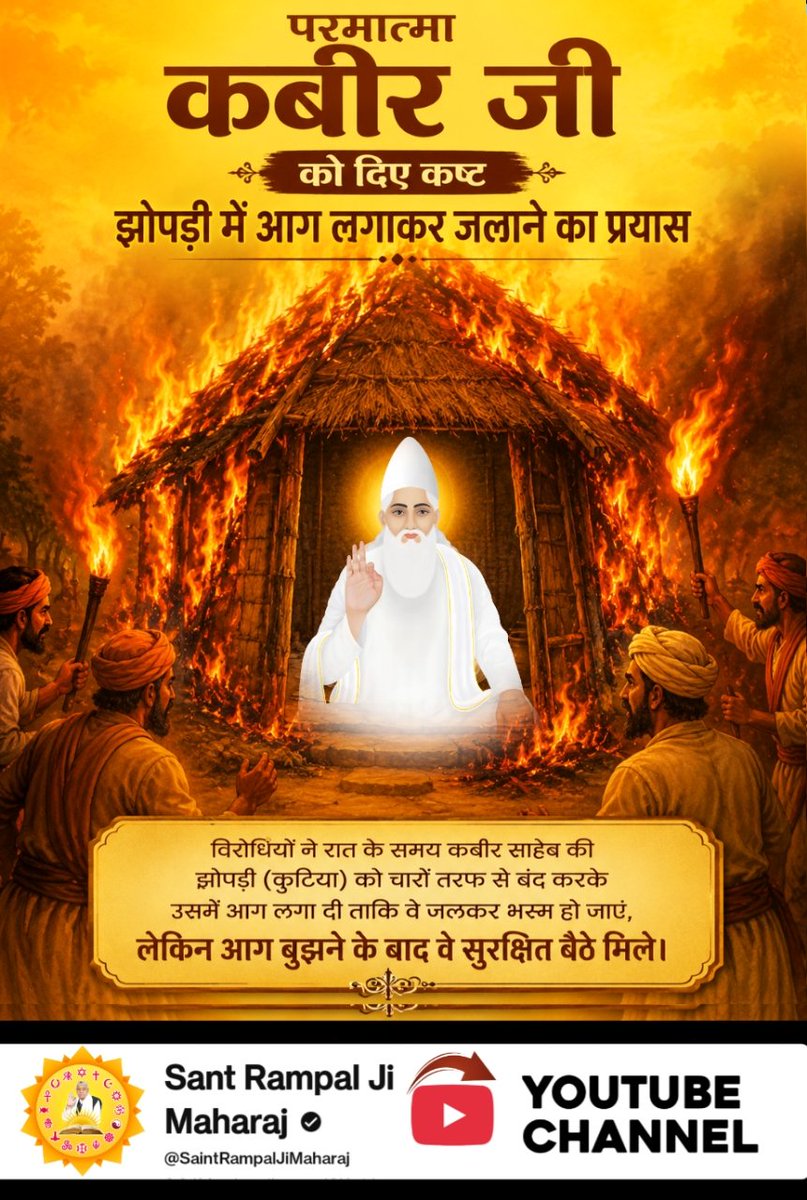 KudareManoj's tweet photo. #परमात्मा_पर_किये_गए_जुल्म
झोपड़ी में आग लगाकर जलाने का प्रयास
विरोधियों ने रात के समय कबीर साहेब की झोपड़ी (कुटिया) को चारों तरफ से बंद करके उसमें आग लगा दी ताकि वे जलकर भस्म हो जाएं, लेकिन आग बुझने के बाद वे सुरक्षित बैठे मिले।
6Days Left Kabir Prakat Diwas https://t.co/GqZ0PXbtkF